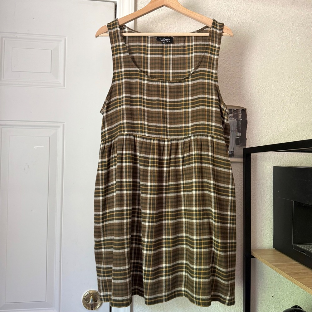 KNOWN SUPPLY brown plaid scoop organic cotton sleeveless babydoll mini dress